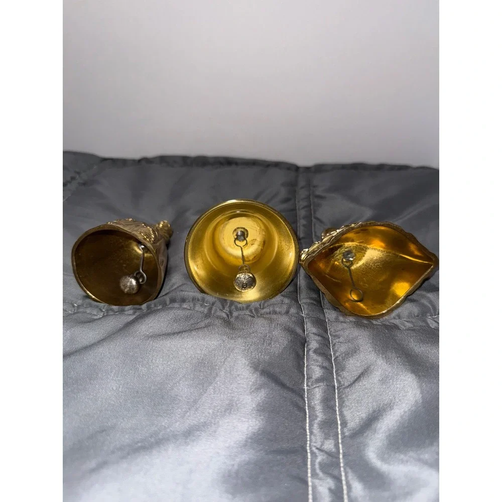 Vintage Polished Brass Hand Bells Set of 3 Victorian Lady & Laurel Wreath Gold